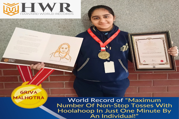 Congratulations to Griva Malhotra of Class VI  on achieving the Harvard  World Record for maximum number of non stop tosses with hoolahoop in just one minute.